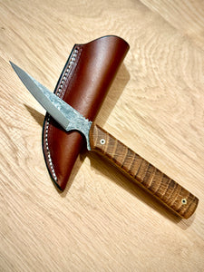 Upland bird trout knife hand forged feather inspired handle brass mosaic pins full tang with leather sheath
