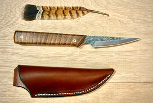 Upland bird trout knife hand forged feather inspired handle brass mosaic pins full tang with leather sheath