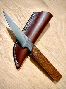 Upland bird trout knife hand forged feather inspired handle brass mosaic pins full tang with leather sheath