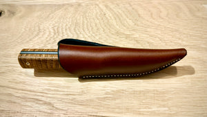 Upland bird trout knife hand forged feather inspired handle brass mosaic pins full tang with leather sheath